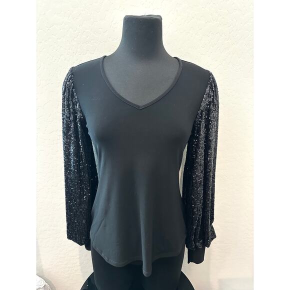 JOSEPH RIBKOFF | Black V-Neck Top with Sequin Balloon Sleeves | Size 2 - Picture 2 of 6